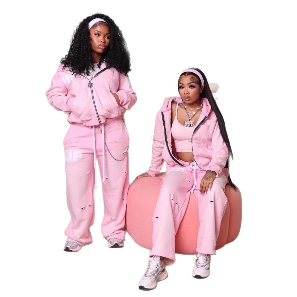UnfairLives UF Distressed Zip Up Hoodie Sweatpants 2 Piece Tracksuit Women
