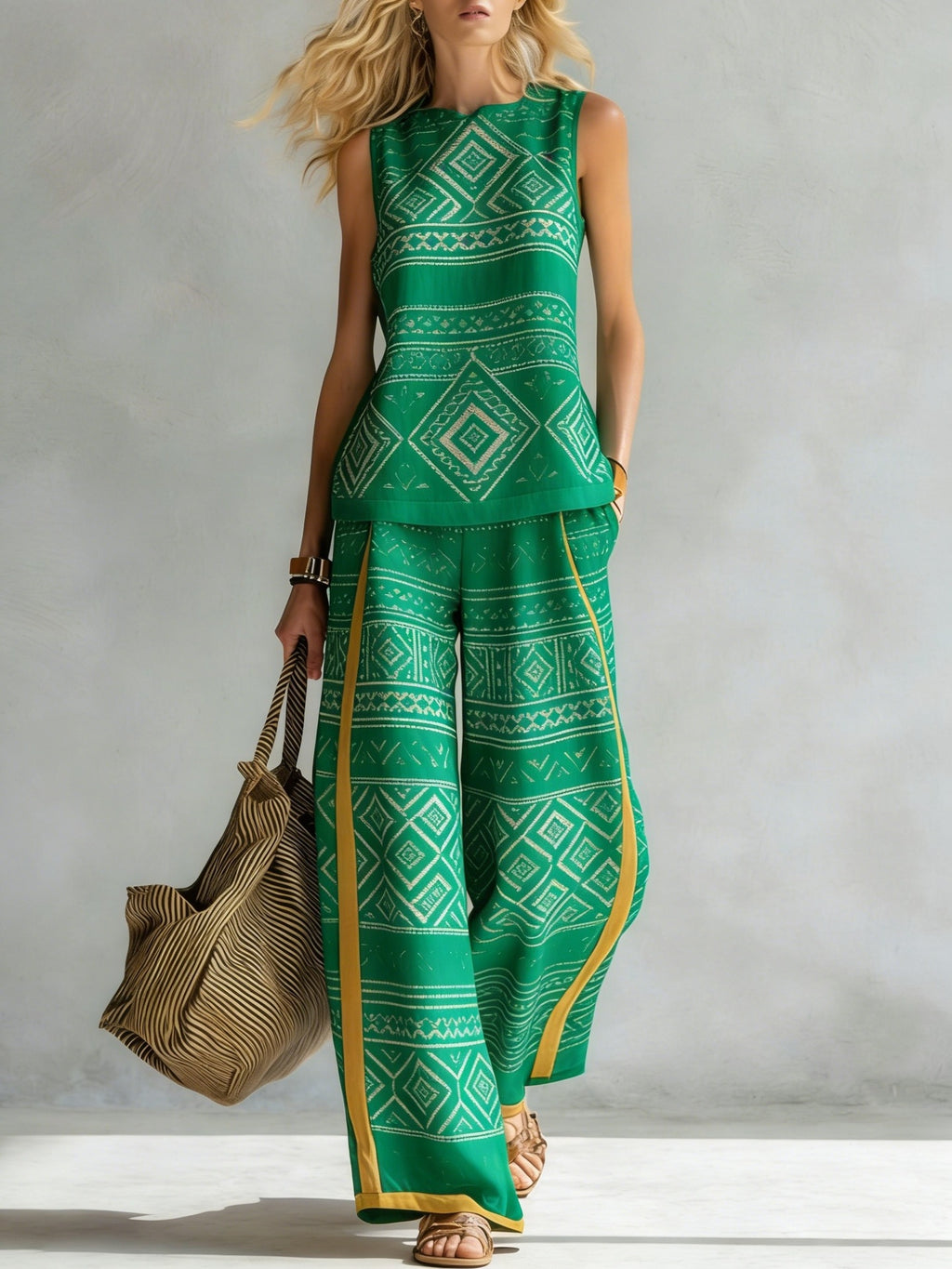 Boho Floral Trim Sleeveless Wide Leg Two Piece Set