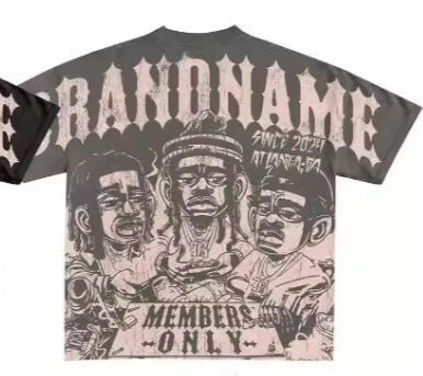 Y2K Hip-Hop Cartoon Portrait Oversized Vintage Baumwoll-T-Shirt im Members-Only-Stil