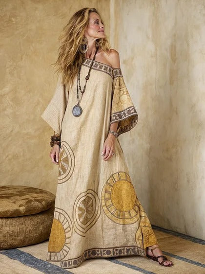Women Boho Diagonal Striped Off Shoulder Loose Kaftan Maxi Beach Dress