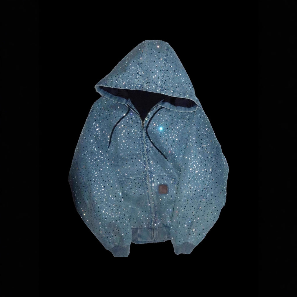 Rhinestone Denim Hooded Jacket Full Crystal Zip Up Unisex