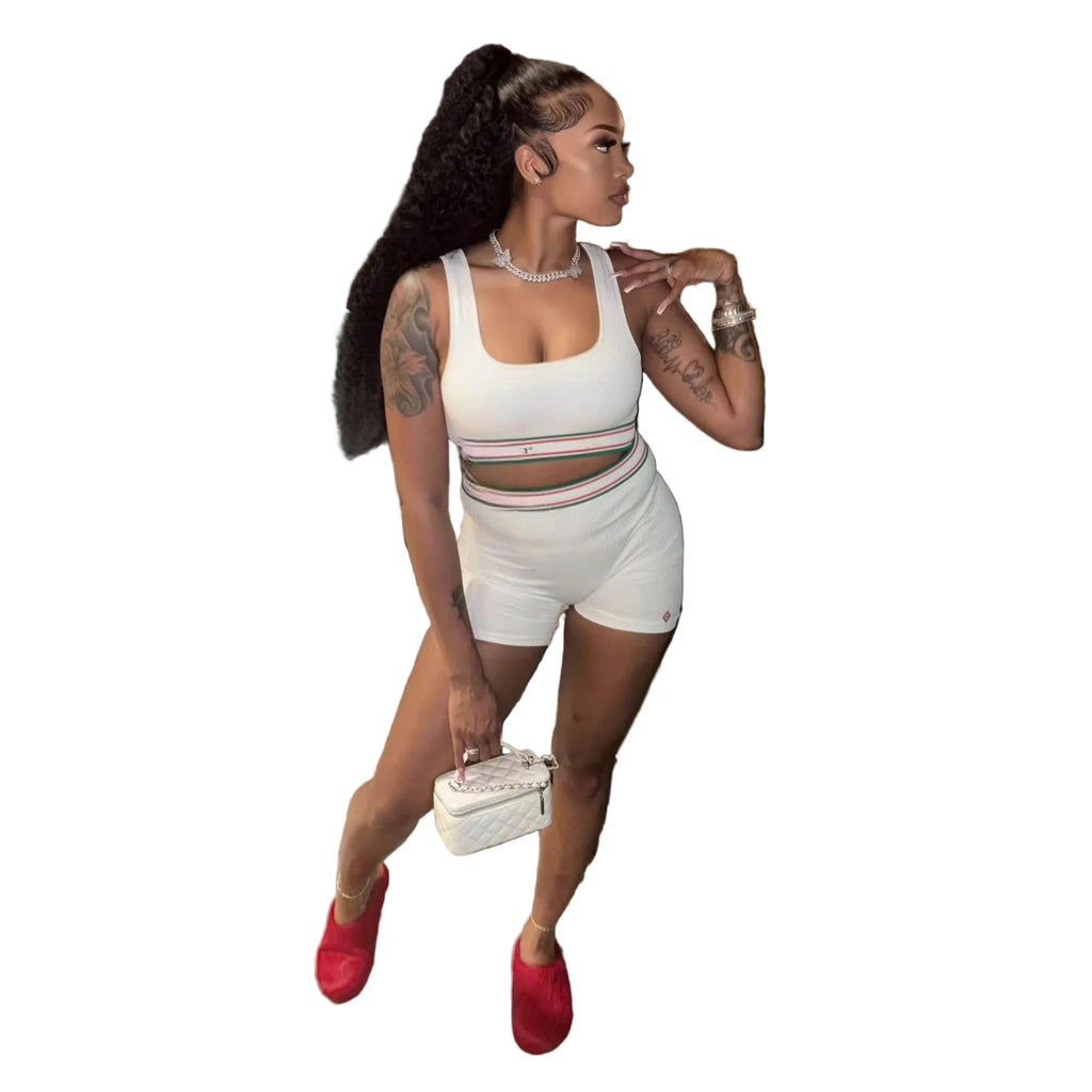 Y2K Striped Trim U Neck Tank Biker Short 2 Piece Set