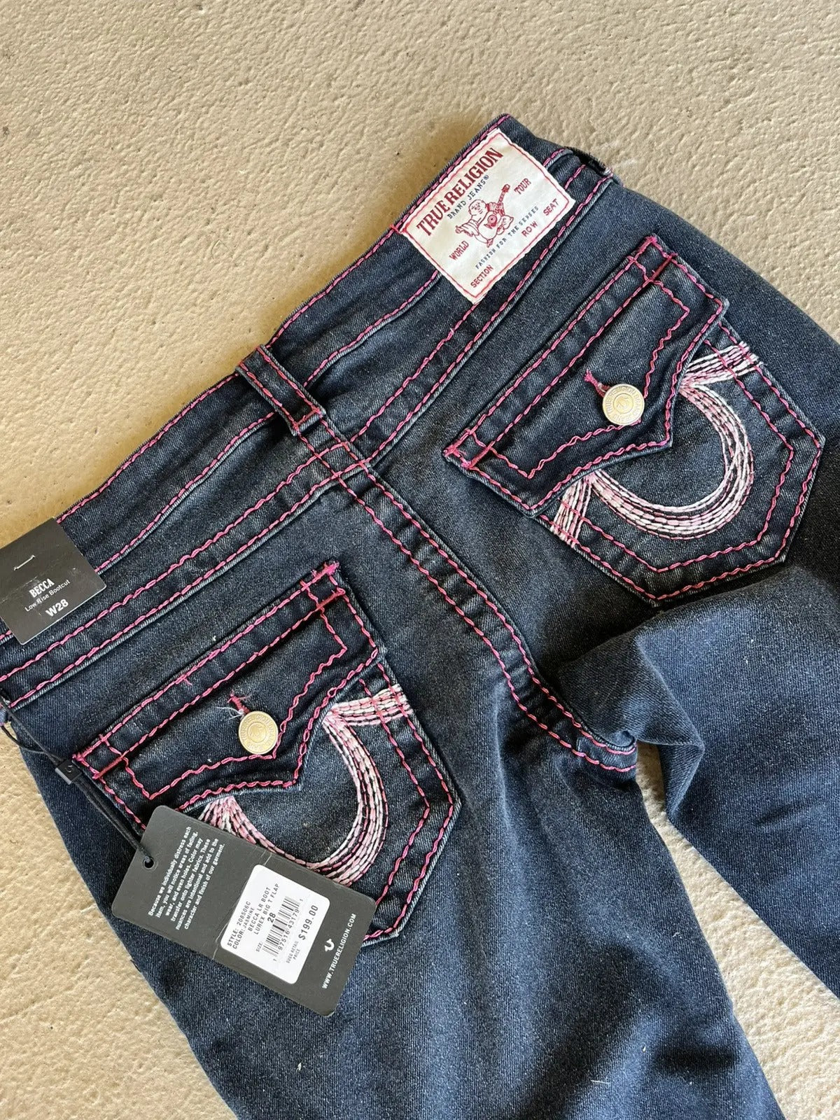 True Religion Pink Horseshoe Embroidery Low Waist Flare Jeans Y2K