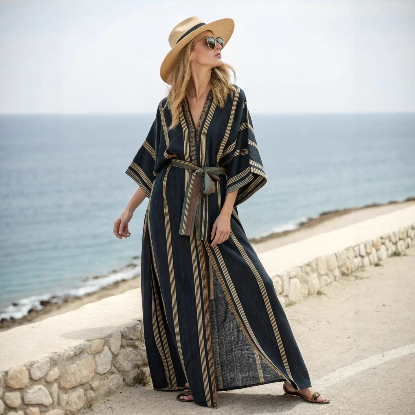 Boho Striped Belted Kaftan Maxi Beach Cover Up