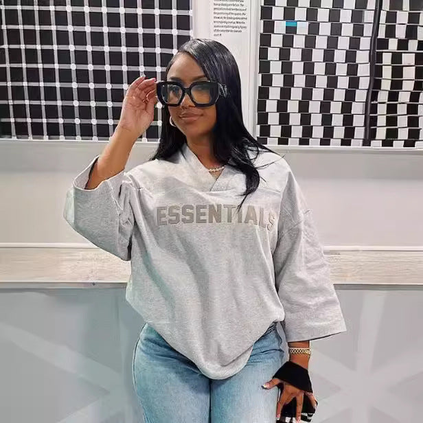 Fear Of God Essentials Letter Print V Neck 3/4 Sleeve Loose T Shirt