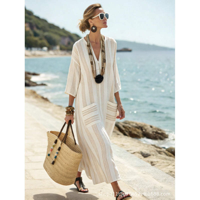 Women Boho Border Print V Neck Loose Kaftan Maxi Beach Dress