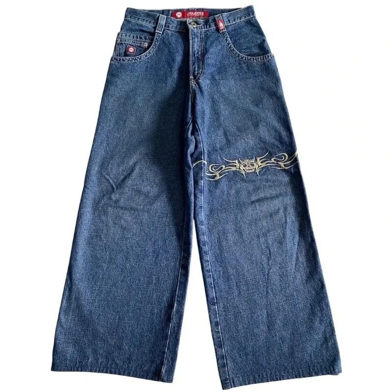 JNCO Style Y2K Baggy Jeans Drachen- & Poker-Stickerei Streetwear Denim-Hose
