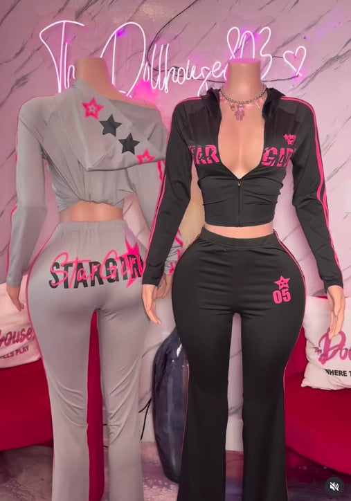 StarGirl Print Zip Up Hooded Crop Top Flare Pants 2 Piece Tracksuit Women