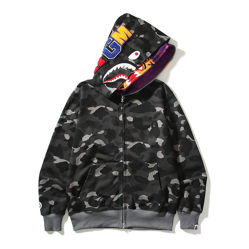 BAPE Double Hood Shark Tiger Camo Embroidered Zip Hoodie