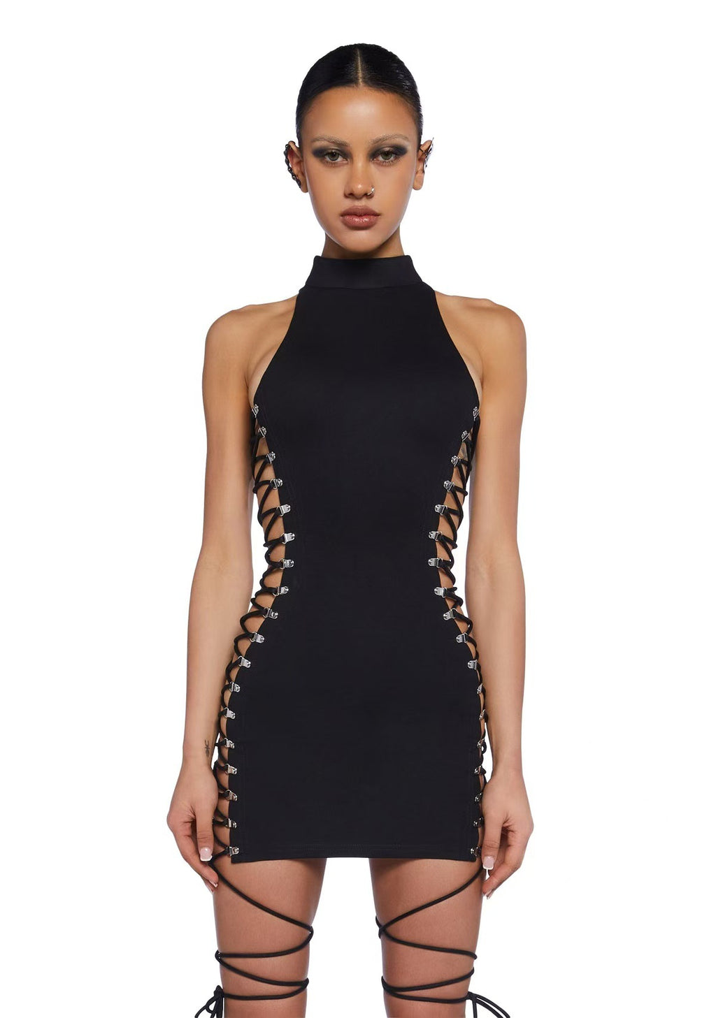 Dolls Kill Lace Up Cutout Halter Bodycon Mini Dress Women