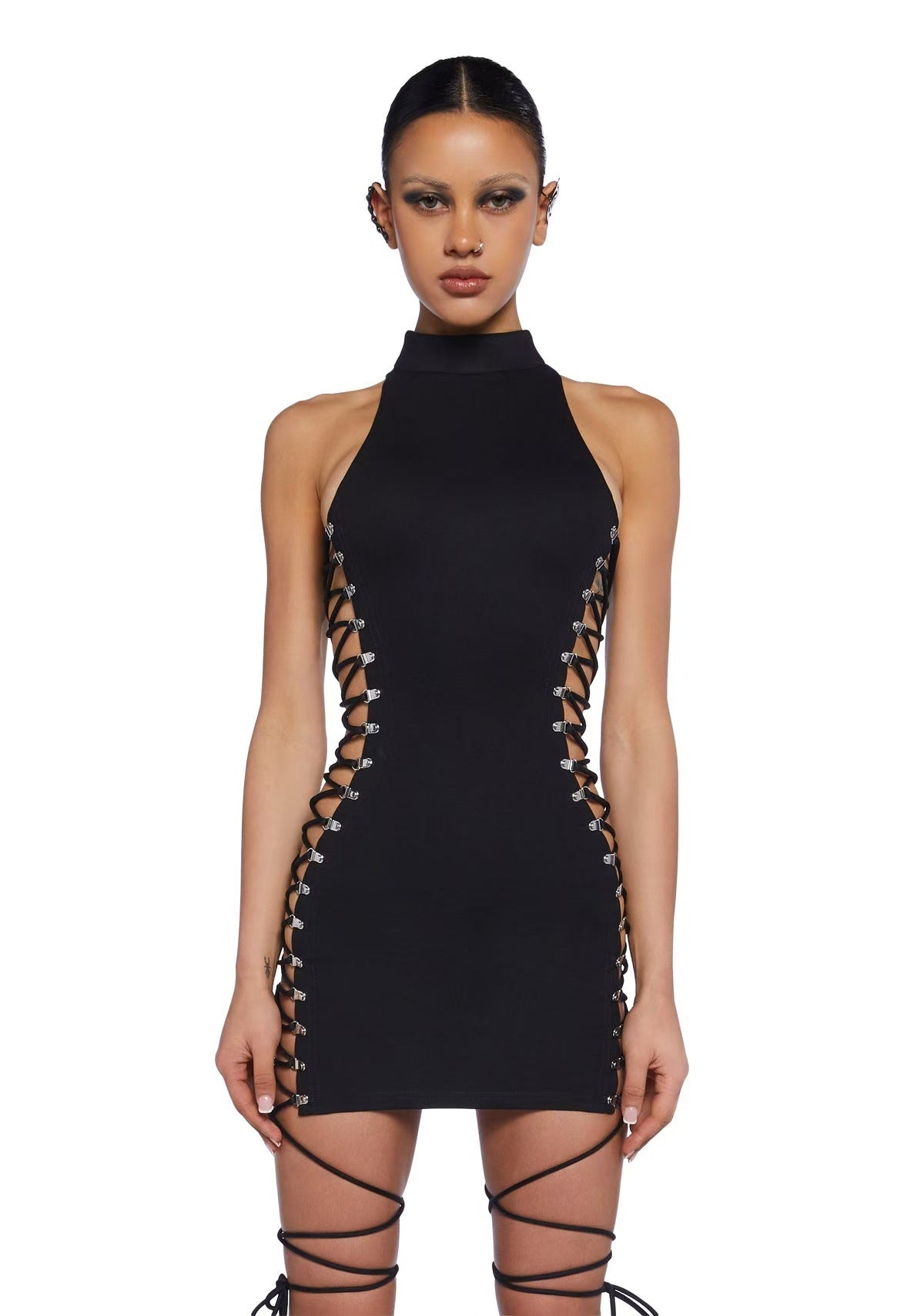 Dolls Kill Lace Up Cutout Halter Bodycon Mini Dress Women