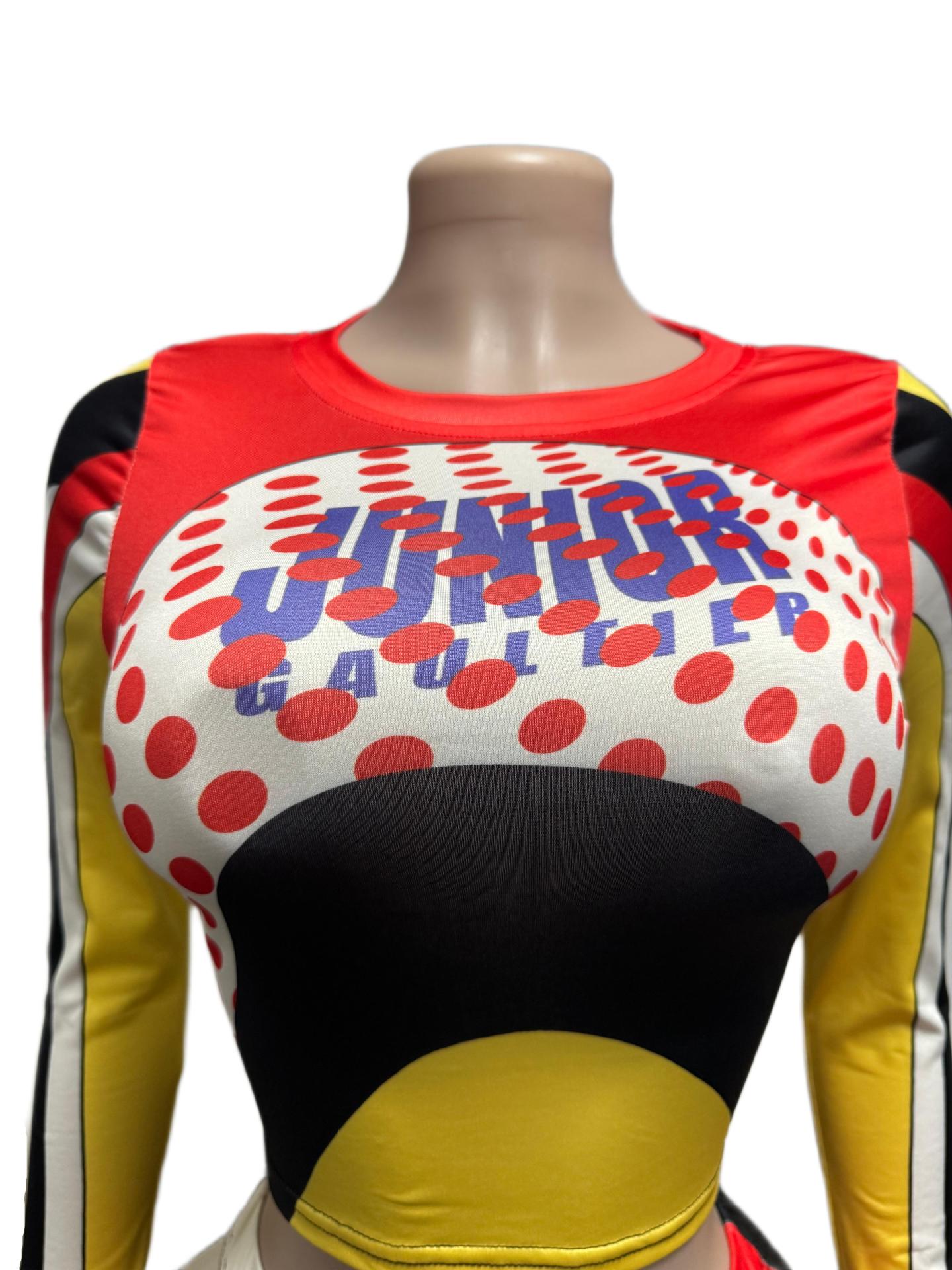 Color Block Letter Print Long Sleeve Crop Top Biker Shorts 2 Piece Set Women