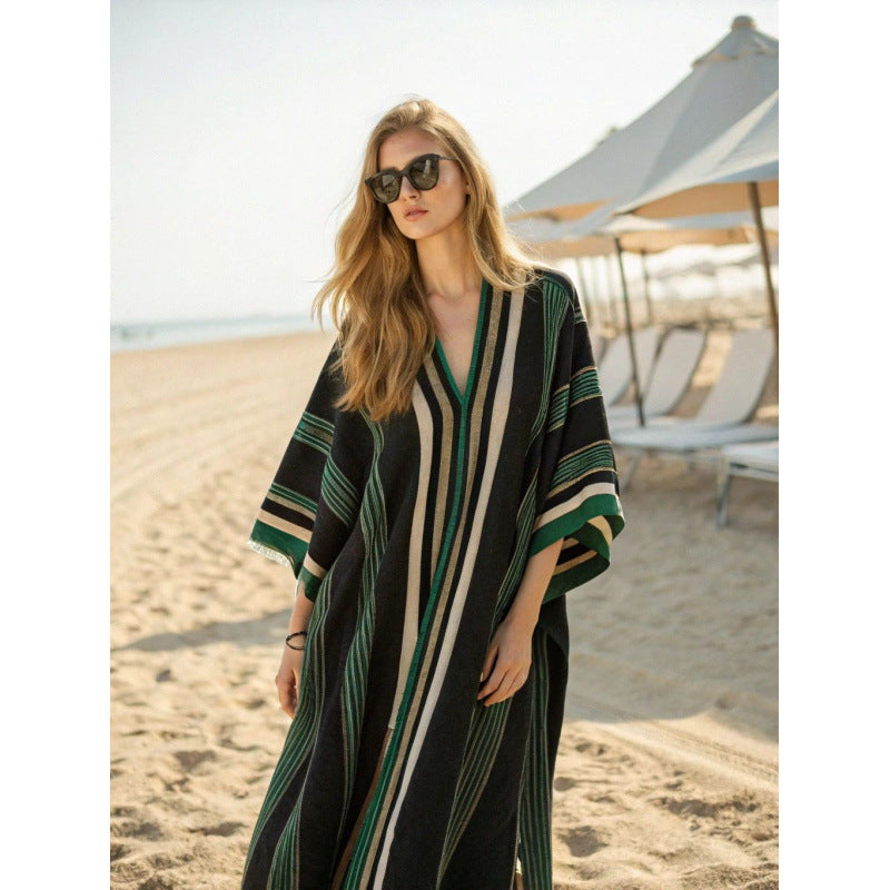 Women Boho Floral Border Print V Neck Loose Kaftan Maxi Beach Dress