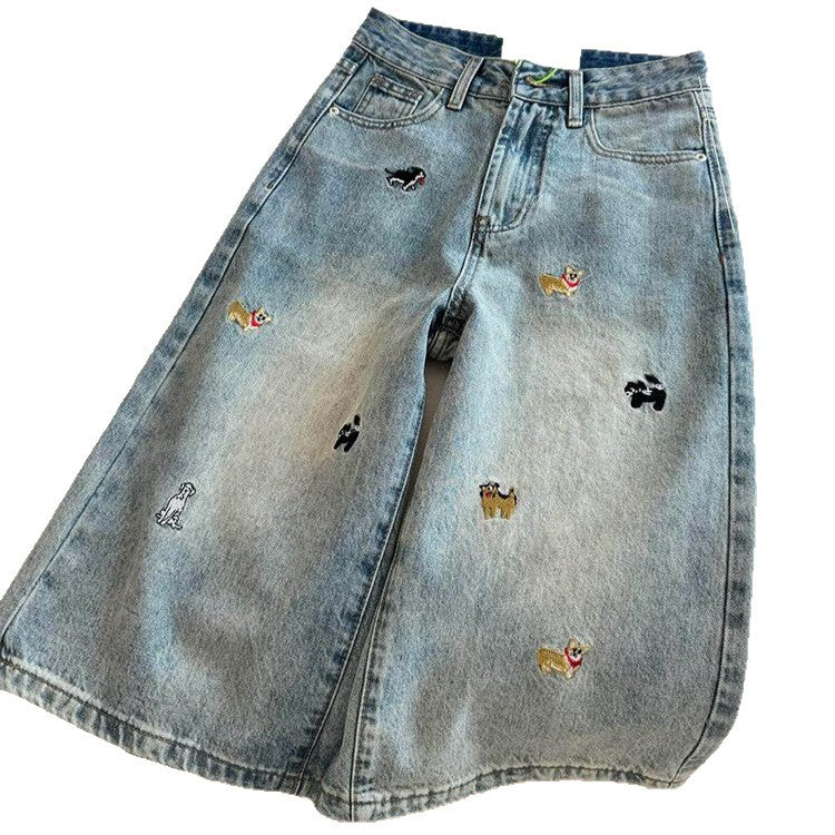 Vintage Dog Embroidered Capri Denim Shorts Loose Wide Leg Jeans