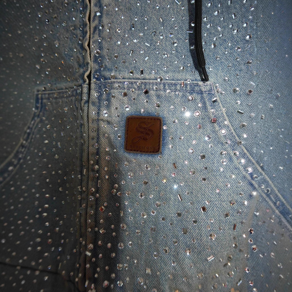 Rhinestone Denim Hooded Jacket Full Crystal Zip Up Unisex