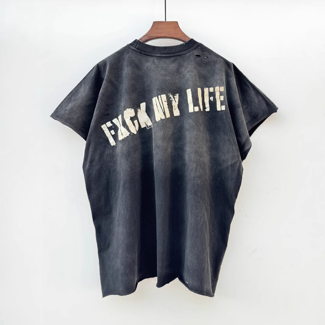 Washed Distressed Drip Letter Print Crew Neck Short Sleeve T Shirt