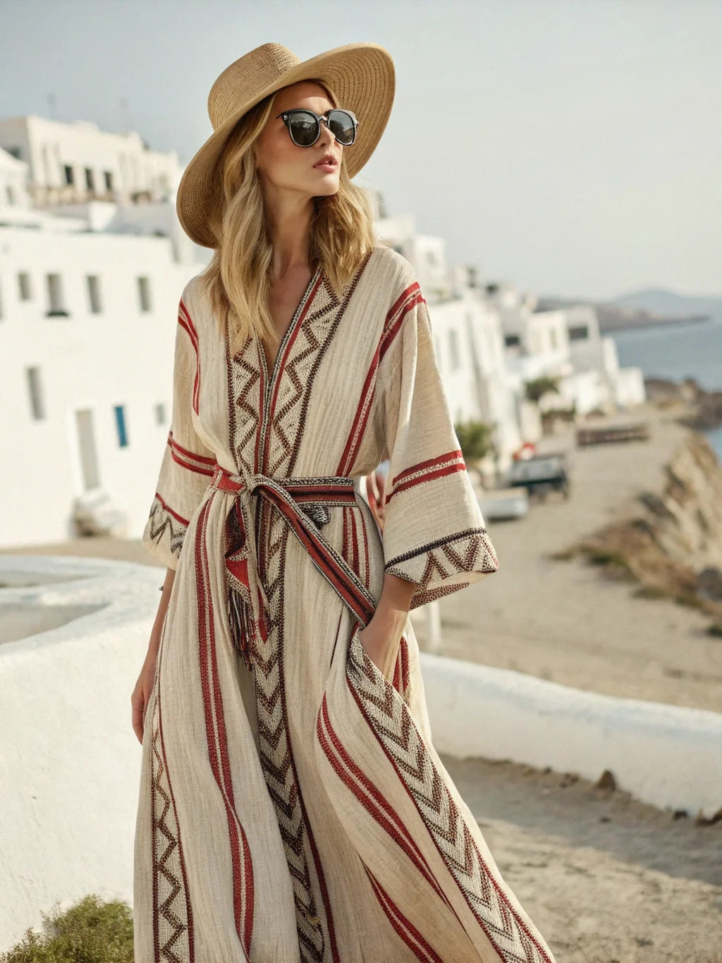 Boho Striped Belted Kaftan Maxi Beach Cover Up