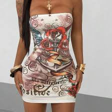 Vintage Tattoo Graphic Print Strapless Bodycon Mini Dress Women