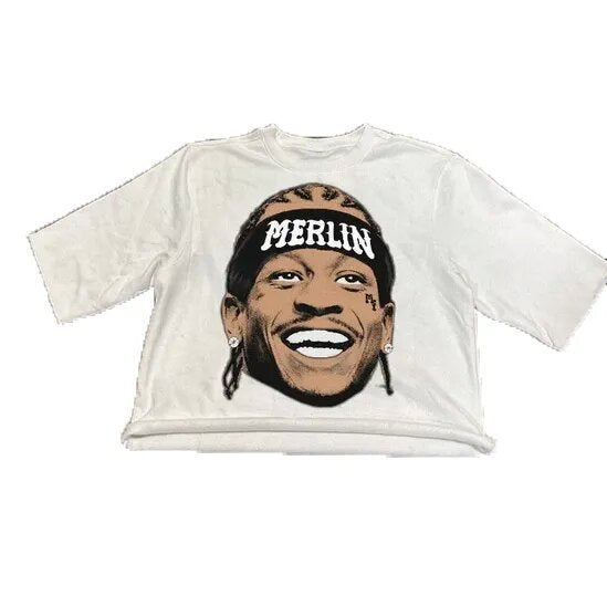 Merlin Worldwide Style Y2K Cartoon Portrait Oversized Vintage Baumwoll-T-Shirt