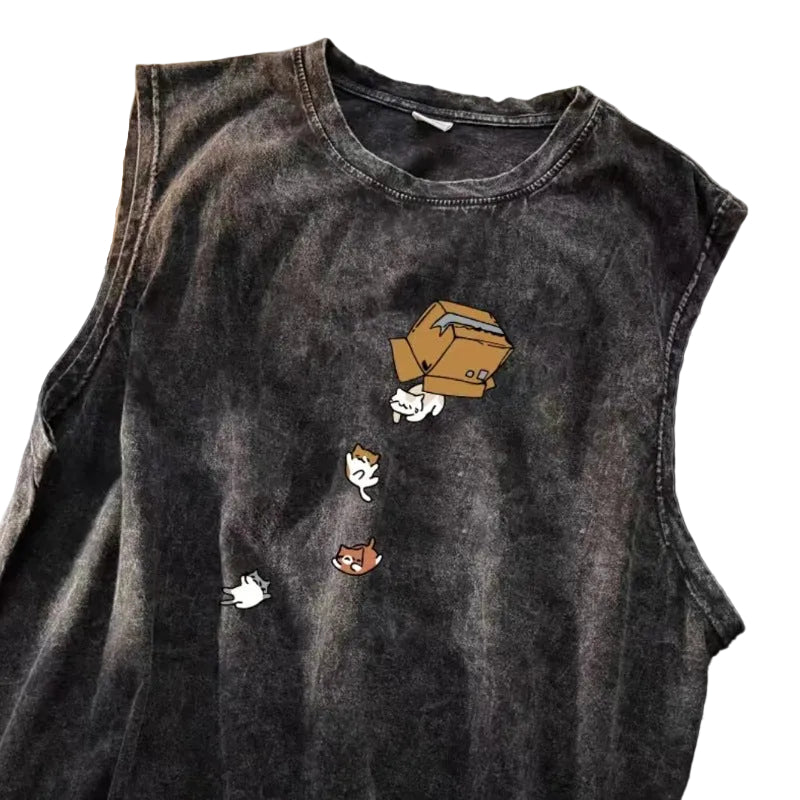 Vintage Washed Graphic Tank Top Mens Cotton Sleeveless Casual Gym Vest