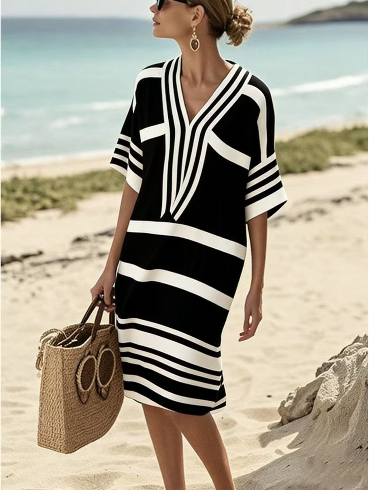 Women Boho Striped V Neck Loose Kaftan Midi Beach Dress