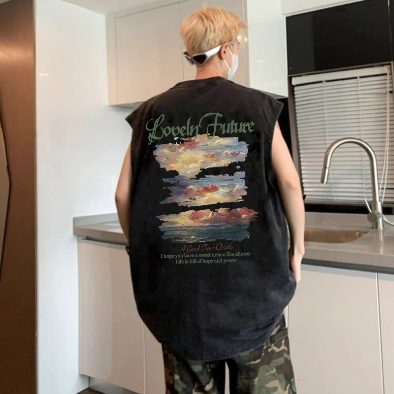 Vintage Washed Graphic Tank Top Mens Loose Hip Hop Sleeveless Vest
