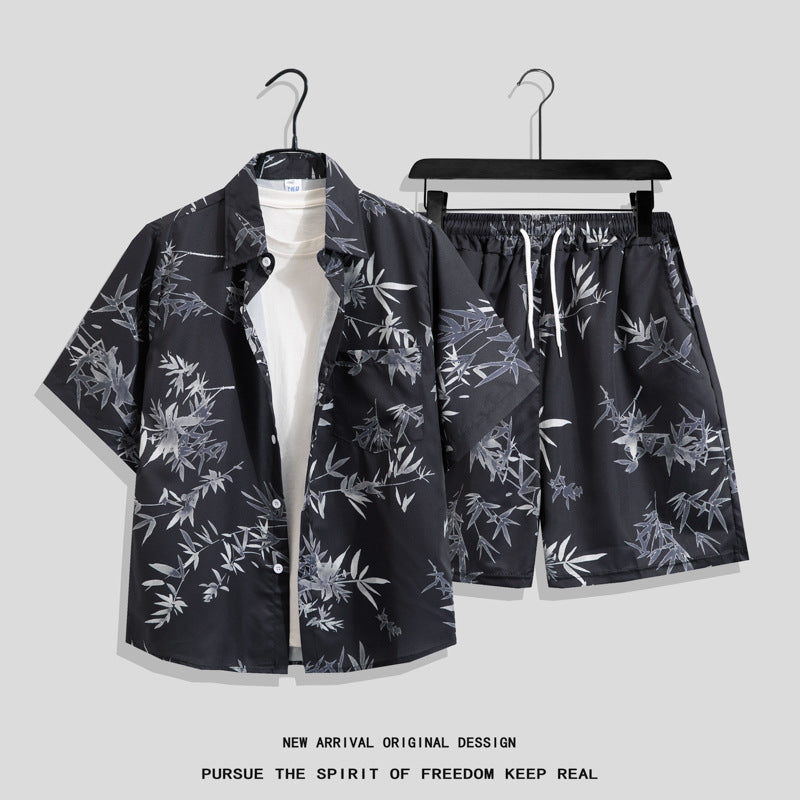 Ice Silk Quick Dry Couple Floral Loose Beach Shirt Shorts Set T3601-T3630