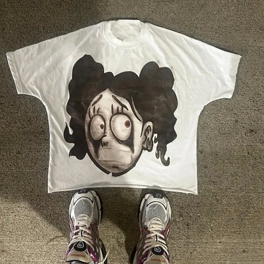 T-Shirt mit Oversized-Vintage-Schnitt und Y2K-Horror-Cartoon-Porträt im Delinquent-Stil aus Baumwolle