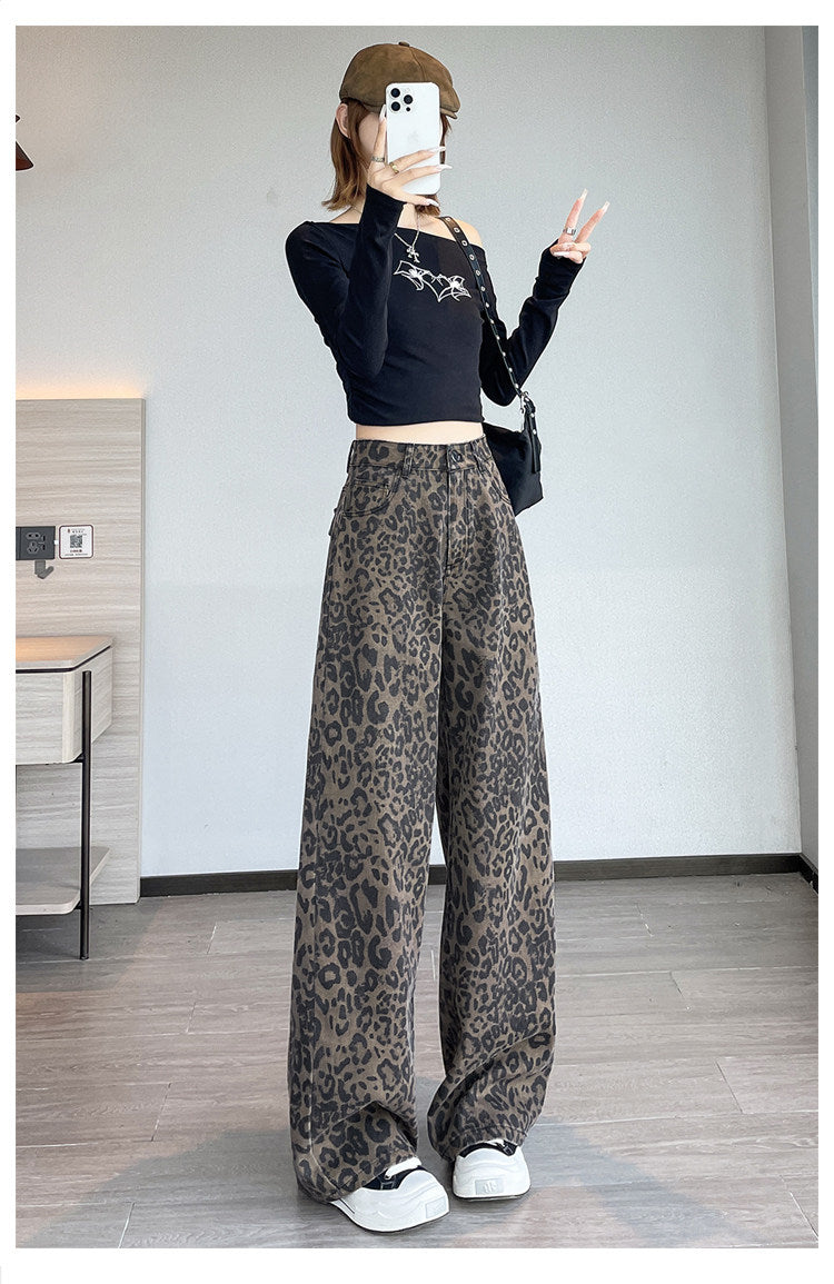 Leopard Print Wide Leg Denim Jeans High Waist Loose Straight Pants