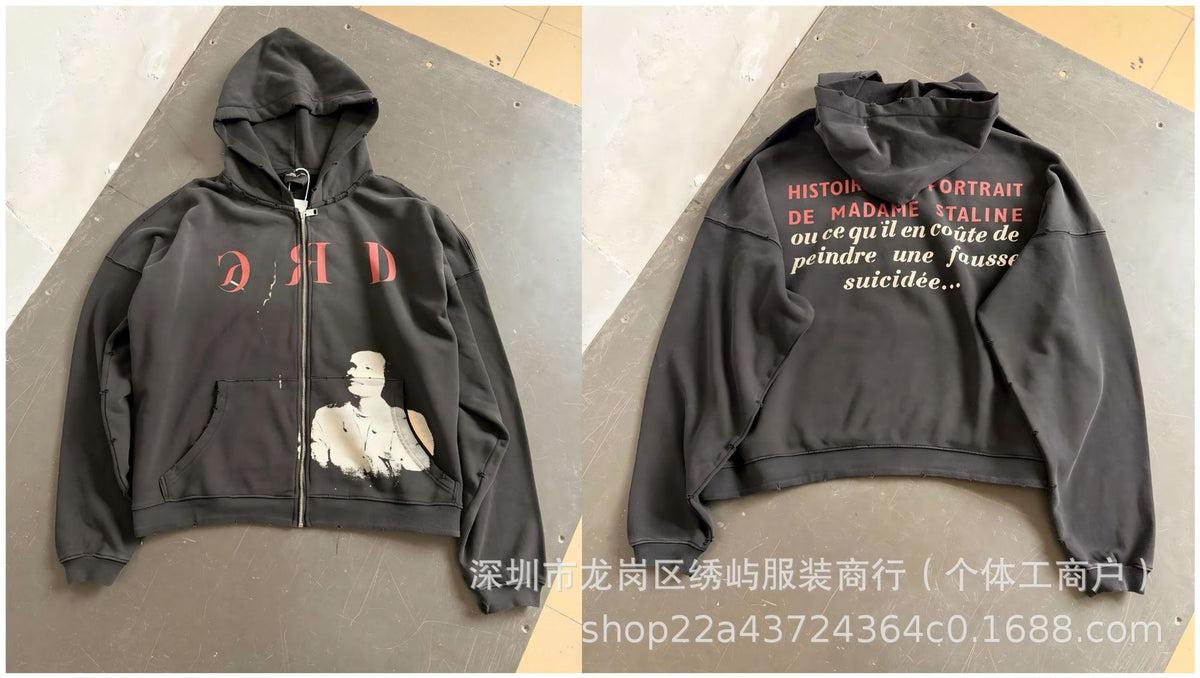 ERD Distressed Photo Letter Print Hoodie Vintage Cotton Pullover