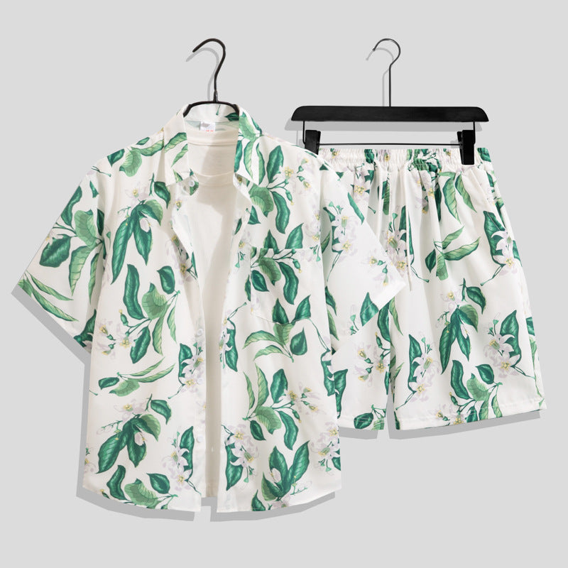 Ice Silk Quick Dry Couple Floral Loose Beach Shirt Shorts Set T3601-T3630