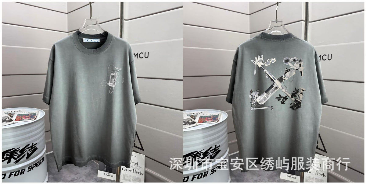 Off-White Washed Distressed Crew Neck Short Sleeve T Shirt Unisex