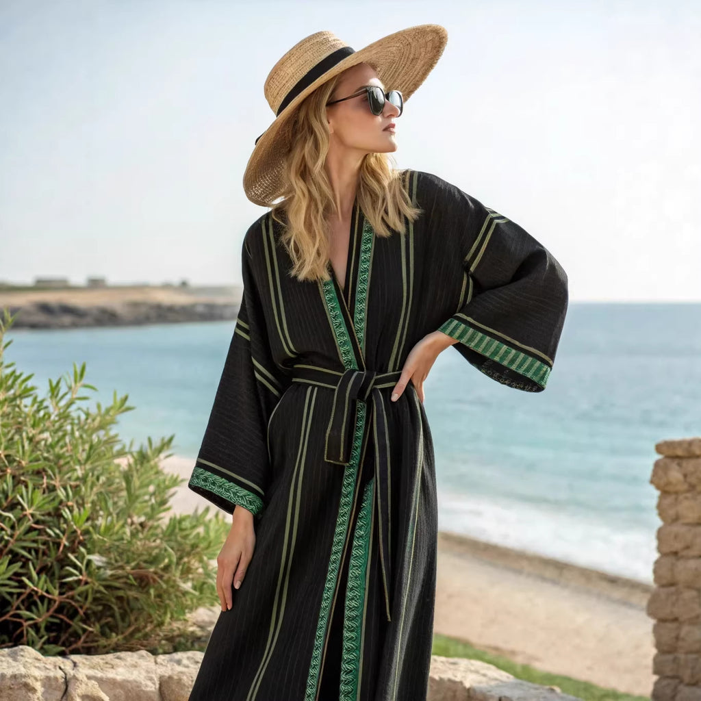 Boho Striped Belted Kaftan Maxi Beach Cover Up