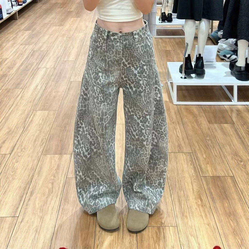 Vintage Leopard Print Wide Leg Denim Jeans Loose Floor Curved Pants