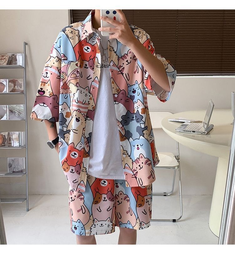 Couple Quick Dry Floral Loose Tropical Beach Shirt Shorts Set