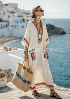 Women Boho Striped V Neck Patch Pocket Loose Kaftan Maxi Beach Dress