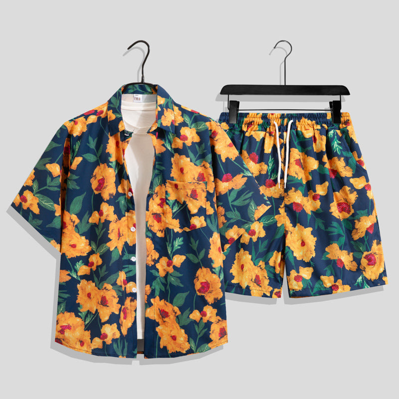 Ice Silk Quick Dry Couple Floral Loose Beach Shirt Shorts Set T3601-T3630