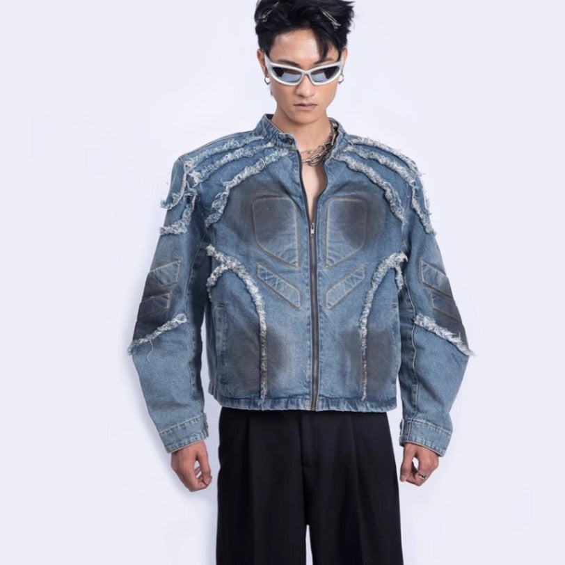 Y2K Vintage Washed Spliced Denim Zip‑Up Jacket Streetwear Unisex