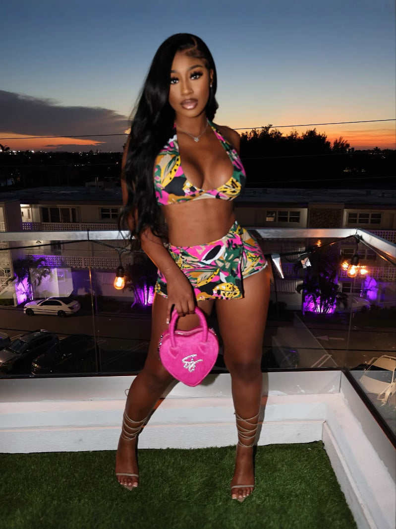 Tropical Print Halter Top Skort 2 Piece Set Women