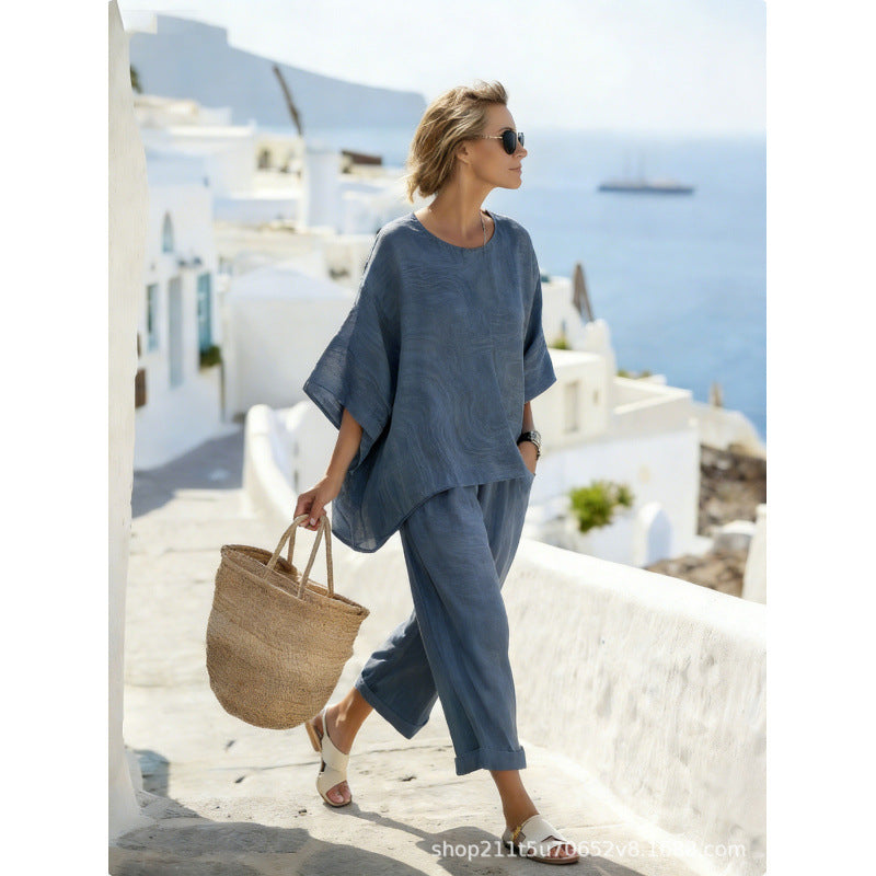 Women Boho Gradient Print Round Neck Batwing Loose Beach Two Piece Set