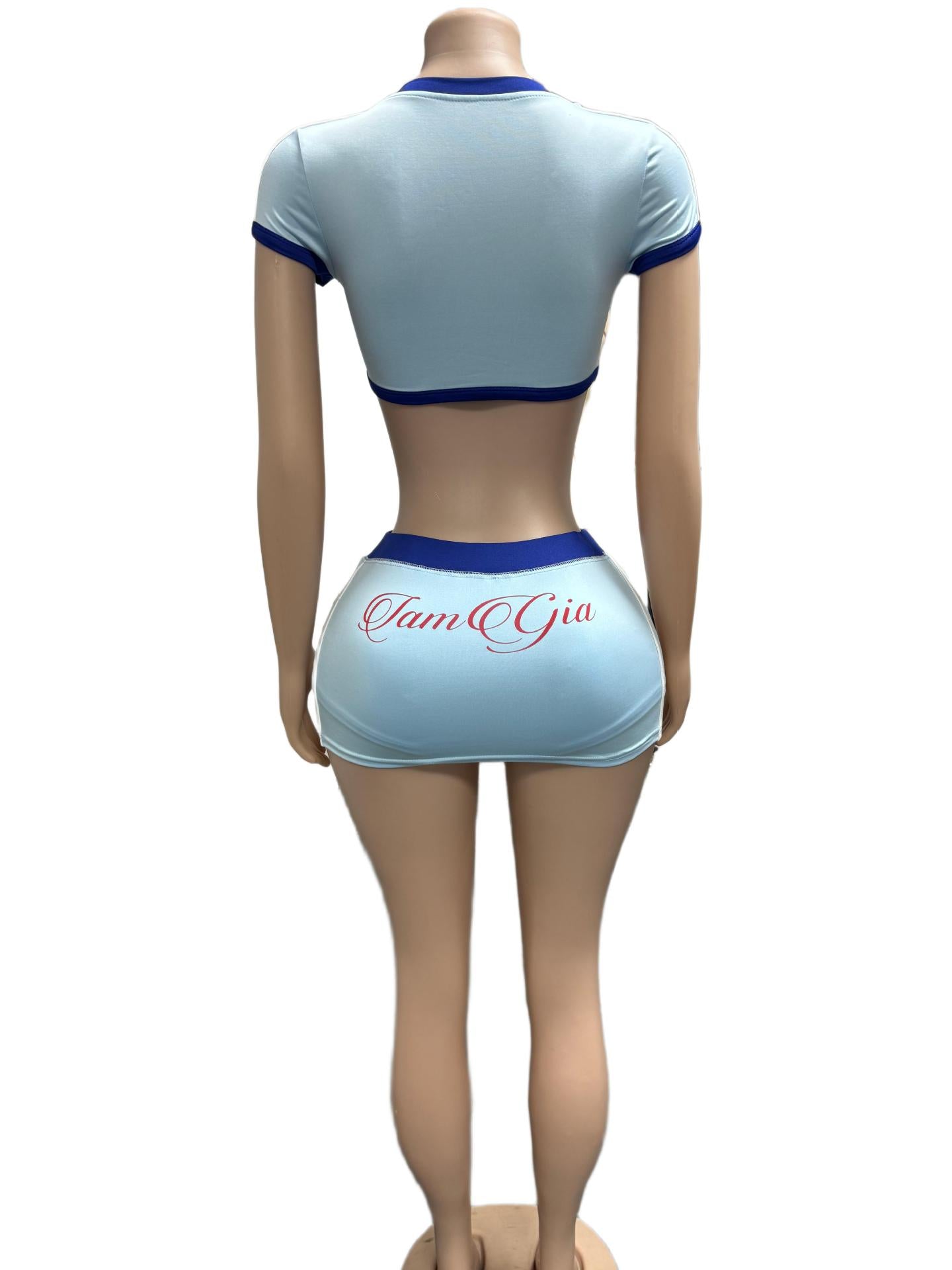 I.AM.GIA Contrast Trim V Neck Crop Top Mini Skirt 2 Piece Set Women