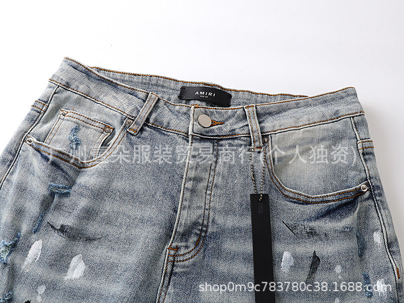 Amiri Distressed Splash‑Ink Stretch Slim Tapered Denim Jeans Unisex