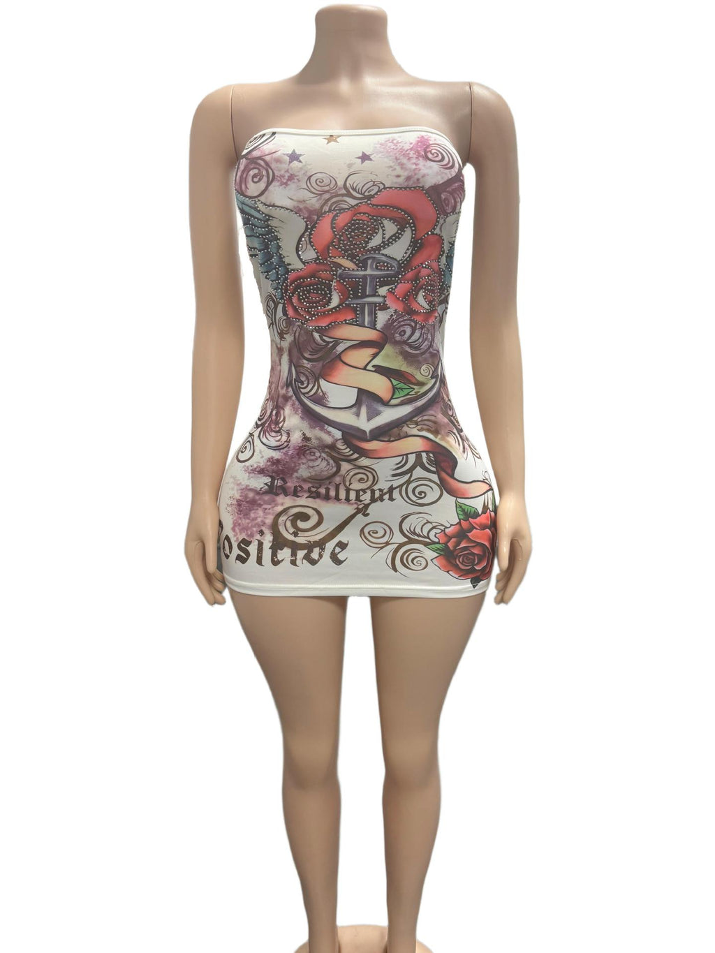 Vintage Tattoo Graphic Print Strapless Bodycon Mini Dress Women