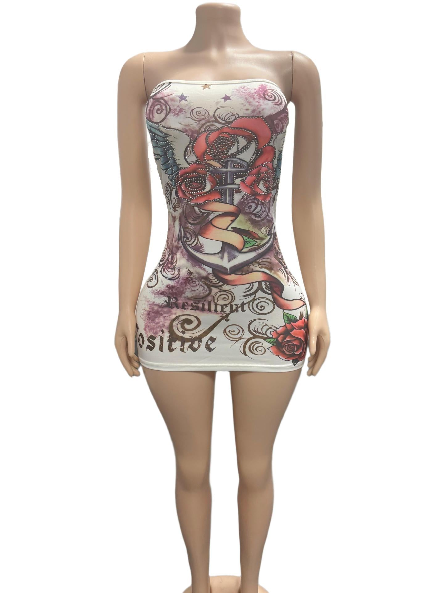 Vintage Tattoo Graphic Print Strapless Bodycon Mini Dress Women