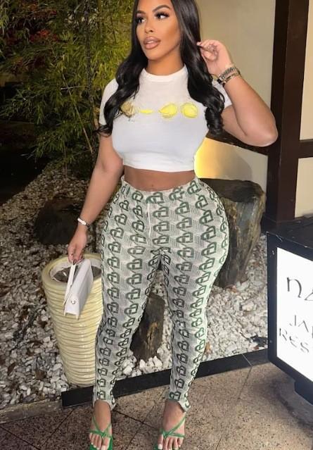 Geometric Print Short Sleeve Crop Top Skinny Pants 2 Piece Set Women