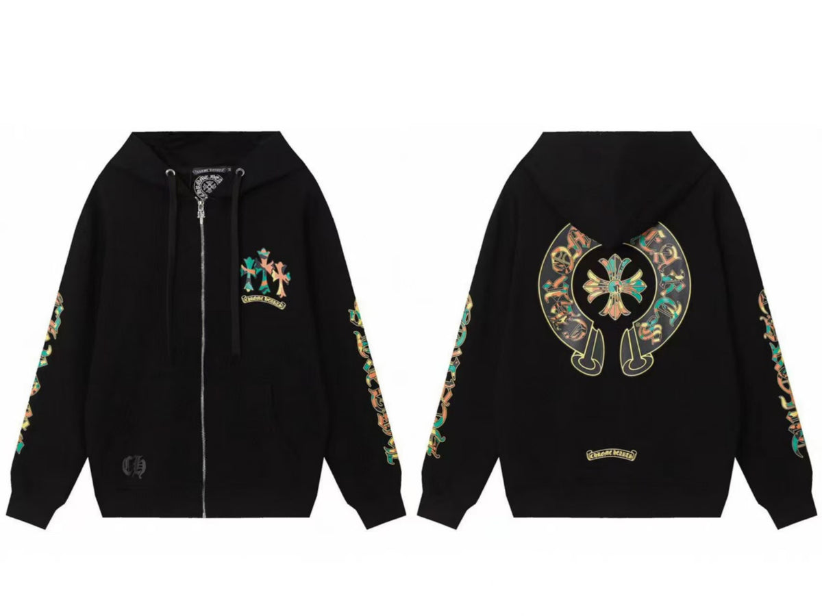 Chrome Hearts Horseshoe Sanskrit Cross Zip Up Hoodie Streetwear Unisex