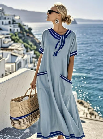 Women Boho Vertical Striped Tie Neck Pocket Loose Maxi Beach Dress