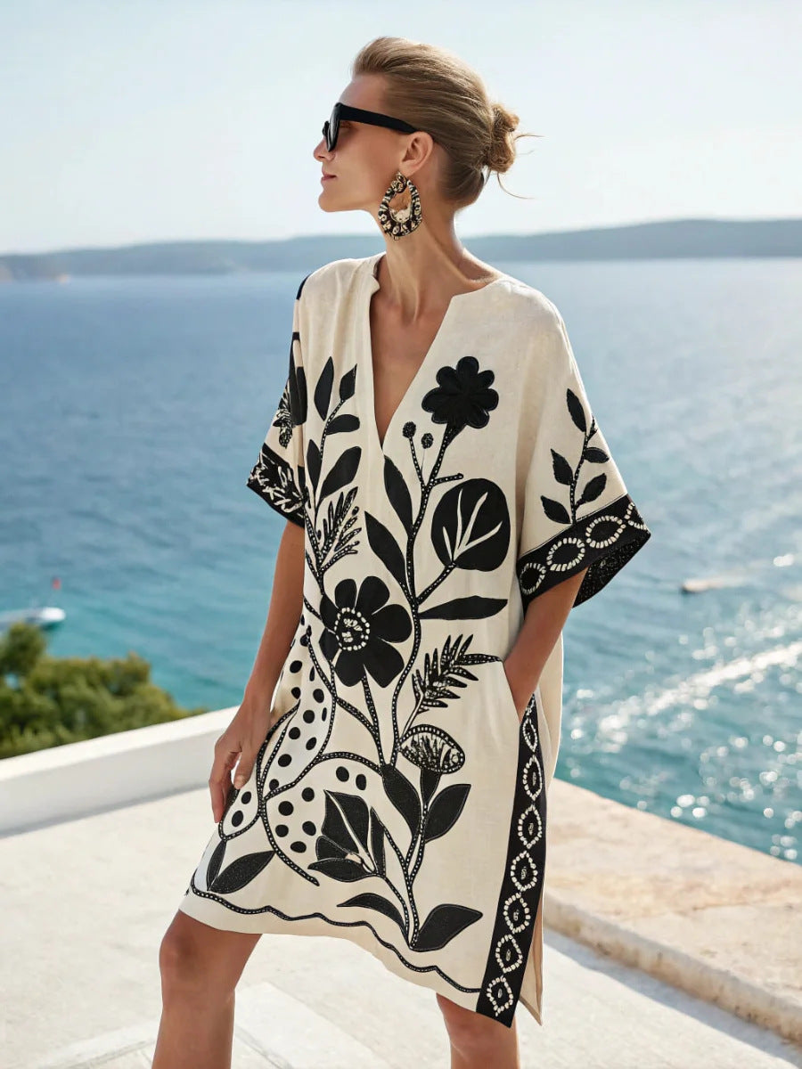Women Boho Geometric Print V Neck Loose Kaftan Maxi Beach Dress