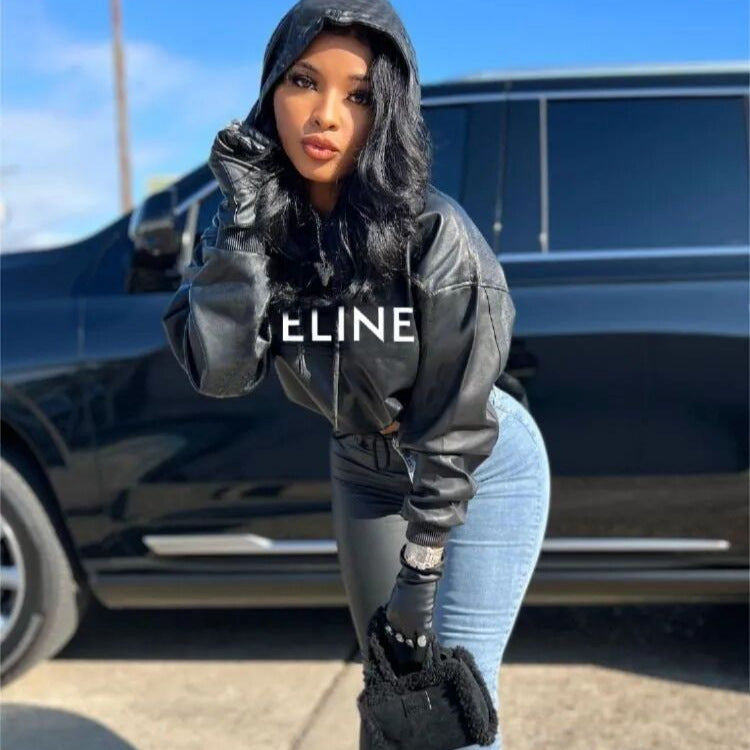 Letter Print PU Leather Cropped Hoodie Women