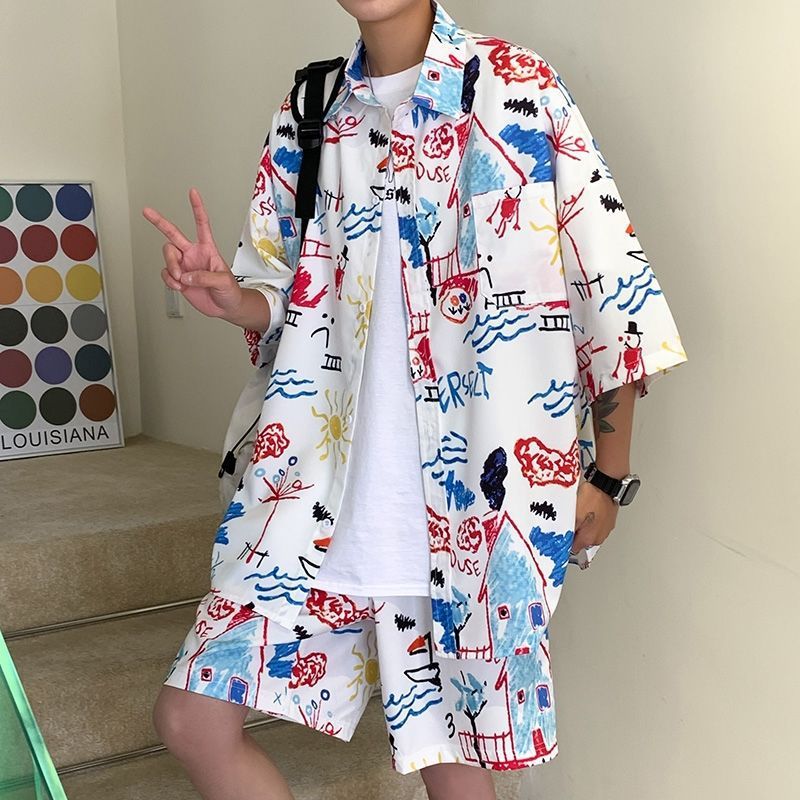 Couple Quick Dry Floral Loose Tropical Beach Shirt Shorts Set